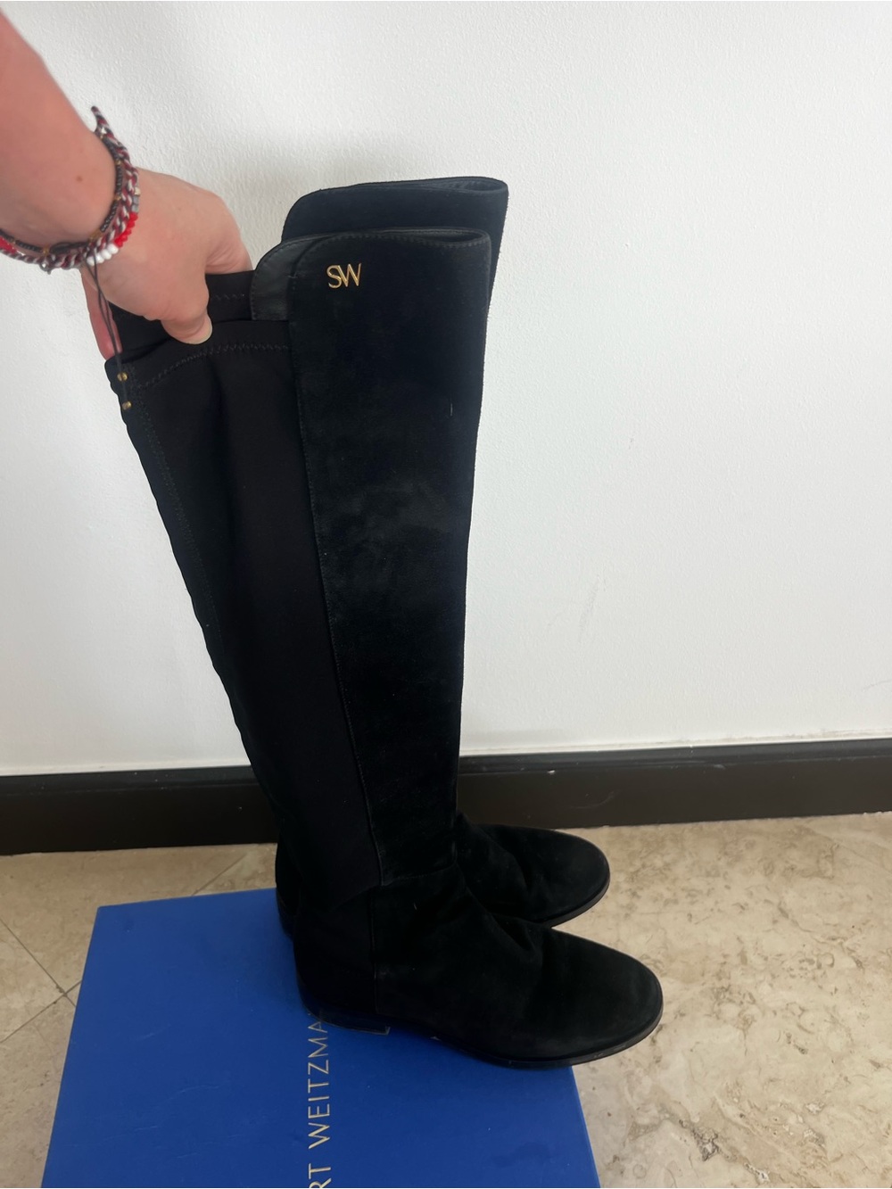 Stuart Weitzman Black Over-The-Knee Suede Boots with Gold SW Accent